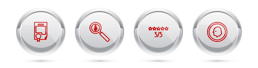 Set line Certificate template, Magnifying glass and dollar, Consumer or customer product rating and Coin money. Silver circle button. Vector