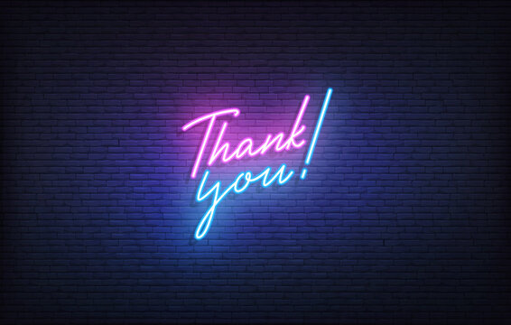 Thank you neon sign. Glowing neon lettering Thank you template