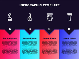 Set line Hairbrush, Scissors hairdresser, Barbershop and Shaving razor. Business infographic template. Vector