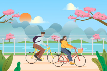 Fototapeta premium An illustration of young people riding bicycles outside