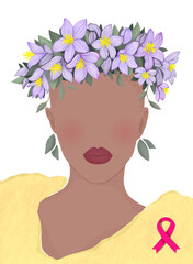 bald woman after chemotherapy in a wreath of flowers and a pink ribbon.  modern flat illustration in support of women with cancer. for poster, banner, postcard, magazine or book cover
