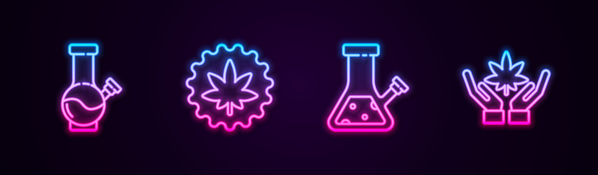 Set line Glass bong for smoking marijuana, Marijuana cannabis leaf, and . Glowing neon icon. Vector