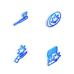Set Isometric line Herbal ecstasy tablets, Smoking pipe, Marijuana or cannabis leaf and Medical bottle with marijuana icon. Vector