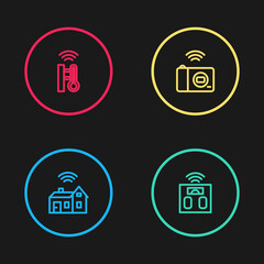 Set line Smart home with wireless, bathroom scales, photo camera and thermometer icon. Vector