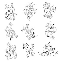 floral pattern of stylized flowers on stems with leaves and curls in black lines on a white background. SET