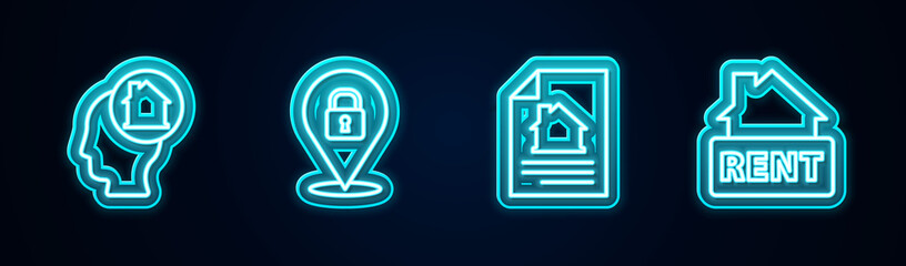 Set line Man dreaming about buying house, Location lock, House contract and Hanging sign with Rent. Glowing neon icon. Vector