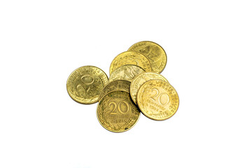 French franc coins on a white isolated background