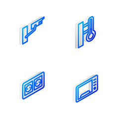 Set Isometric line Meteorology thermometer, Security camera, Electrical outlet and Microwave oven icon. Vector