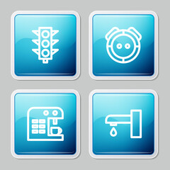 Set line Traffic light, Robot vacuum cleaner, Coffee machine and Water tap icon. Vector