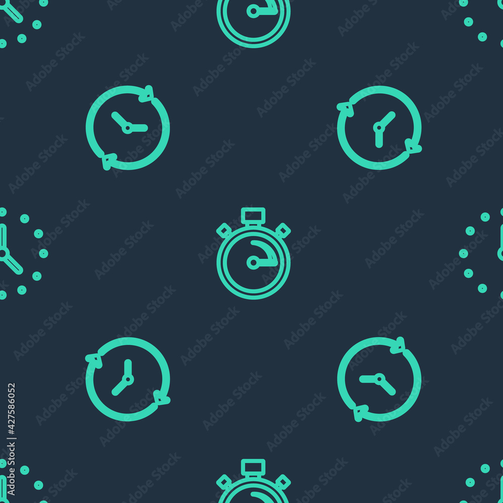 Poster set line stopwatch, clock and on seamless pattern. vector