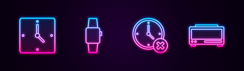 Set line Clock, Smartwatch, delete and Digital alarm clock. Glowing neon icon. Vector