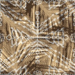 Seamless abstract print of botanical leaf shadows over abstract surface design. High quality illustration. Tropical palm leaves showing in the negative space between sunlight rays overlaid on design.