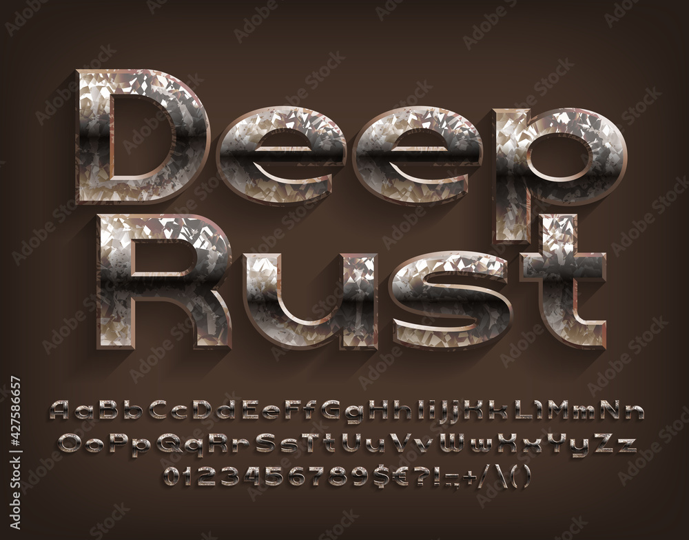 Fototapete deep rust alphabet font. messy beveled letters, numbers and punctuations. uppercase and lowercase. s
