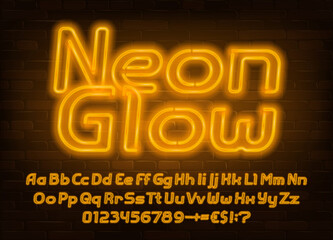 Neon Glow alphabet font. Yellow neon light letters, numbers and punctuation. Uppercase and lowercase. Stock vector typescript for your design.