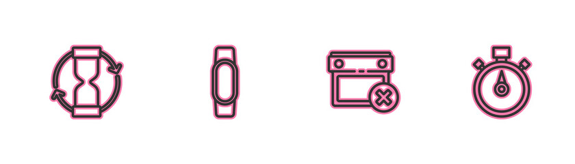 Set line Old hourglass, Calendar date delete, Smartwatch and Stopwatch icon. Vector