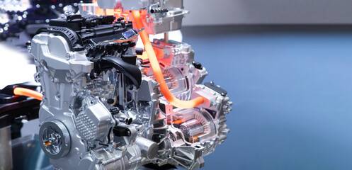 Close up of car hybrid engine. Hybrid electric car engine. - obrazy, fototapety, plakaty