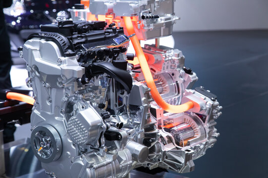 Close up of car hybrid engine. Hybrid electric car engine.