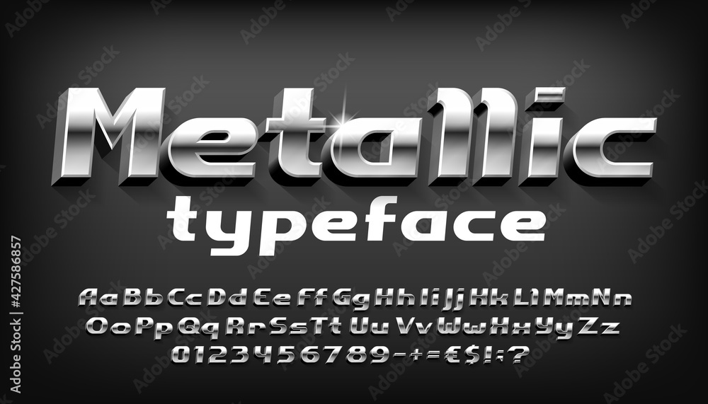 Poster metallic alphabet font. 3d bold metal letters, numbers and punctuation with shadow. stock vector typ