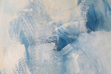 Texture materica dipinta su legno, con effetto spatolato in varie tonalità di azzurro, blu e bianco; spazio per testo - obrazy, fototapety, plakaty