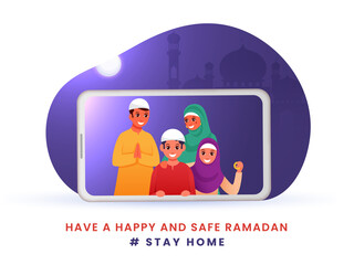 Happy Muslim Family On Smartphone Screen With Silhouette Mosque For Ramadan Festival, Stay At Home To Prevent Of Covid-19.