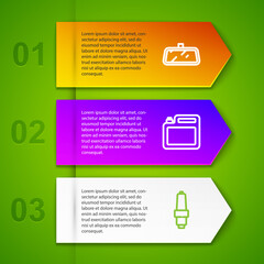 Set line Car mirror, Canister for motor oil, spark plug and Timing belt kit. Business infographic template. Vector