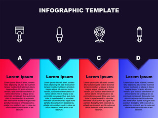 Set line Engine piston, Car spark plug, service and Shock absorber. Business infographic template. Vector