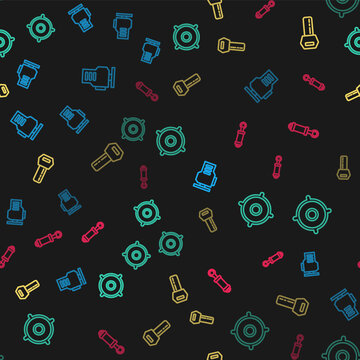 Set line Check engine, Car audio speaker, key with remote and Shock absorber on seamless pattern. Vector