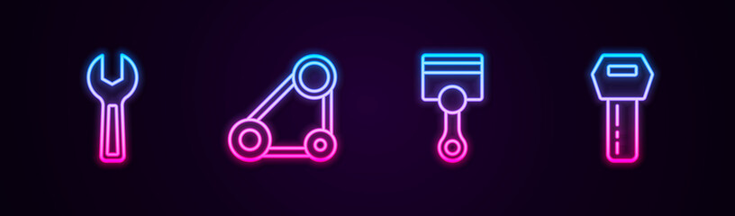 Set line Wrench spanner, Timing belt kit, Engine piston and Car key with remote. Glowing neon icon. Vector