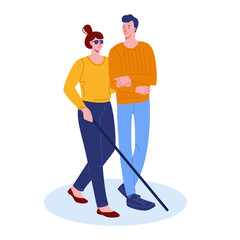 A blind girl with a stick walks with a young man. Vector illustration in flat cartoon style. Isolated on a white background.