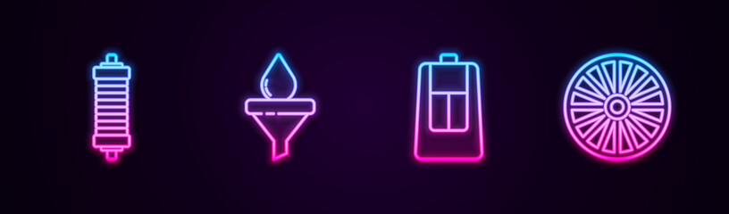 Set line Shock absorber, Funnel and oil drop, Car key with remote and Alloy wheel. Glowing neon icon. Vector