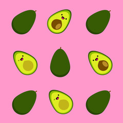 Seamless pattern with cute cartoon smiling avocado