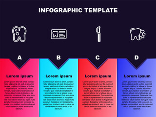Set line Tooth with caries, Dental card, floss and treatment procedure. Business infographic template. Vector