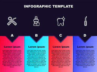 Set line Dental inspection mirror, Mouthwash bottle, Tooth whitening and explorer scaler. Business infographic template. Vector