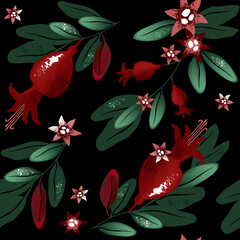 Rosehip fruit pattern with leaves and pink flowers on a black background. It can be used for printing on souvenirs, textiles, brands, tableware, and decorative elements.