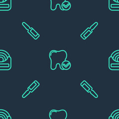 Set line Tooth whitening concept, Painkiller tablet and Dental floss on seamless pattern. Vector