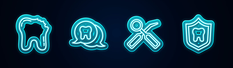 Obraz premium Set line Broken tooth, Tooth, Dental inspection mirror and protection. Glowing neon icon. Vector