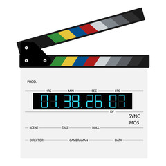 New modern film clapper board isolated on white background. Blank movie cinema clapper.