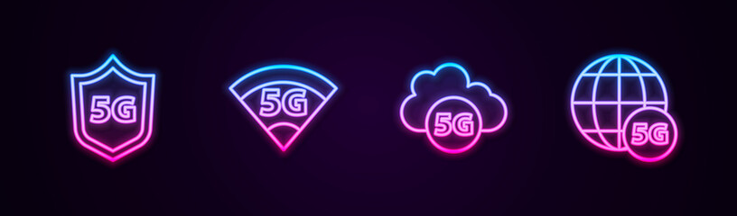 Set line Protective shield 5G, network, Cloud and . Glowing neon icon. Vector