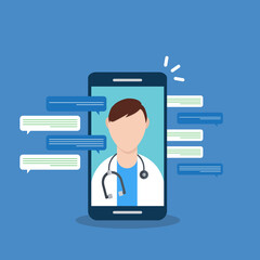 Telemedicine, smart phone with doctor on screen.	