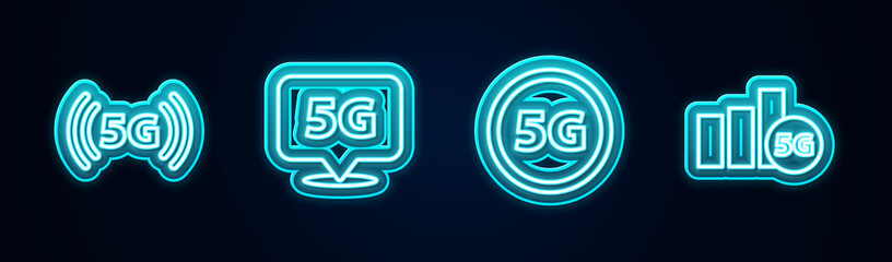 Set line 5G network, Location, and . Glowing neon icon. Vector