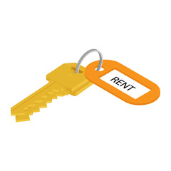 Rent concept. Golden key with orange tag. Key with keychain isolated on white background.