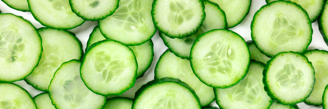 Cucumber panorama with many vibrant cucumber slices