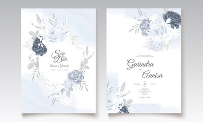  Elegant wedding invitation card with navy blue beautiful floral and leaves template Premium Vector