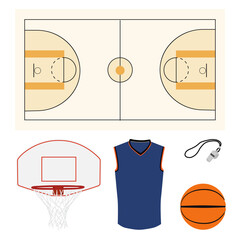 Basketball icon set with basketball ball, hoop, whistle court and jersey or uniform.