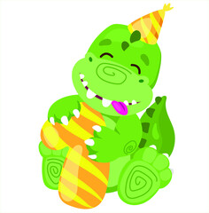 The cute dinosaur is holding the number one. Illustration for the first birthday. 
Cake topper print. Vector illustration isolate. Print for T-shirts and sweatshirts.