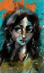 Digital illustration of an imaginary girl portrait in cold and warm colors of blue and orange. Dirty , emotional and expressive style. Use of paint roller, splashes of color and big strokes. Cartoon.