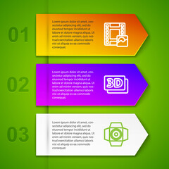 Set line Play Video, 3D word, Movie spotlight and SD card. Business infographic template. Vector