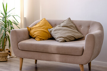 A fragment of a home interior.Beige sofa with yellow and beige pillows and indoor flower.Minimalist style.