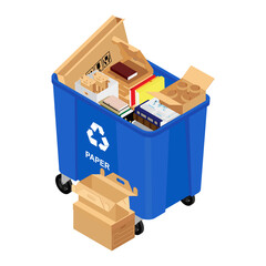 Blue can with sorted paper garbage vector icon