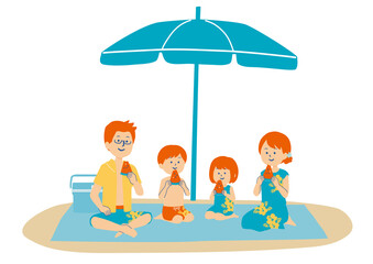 ビーチでスイカを食べるファミリーのイラスト